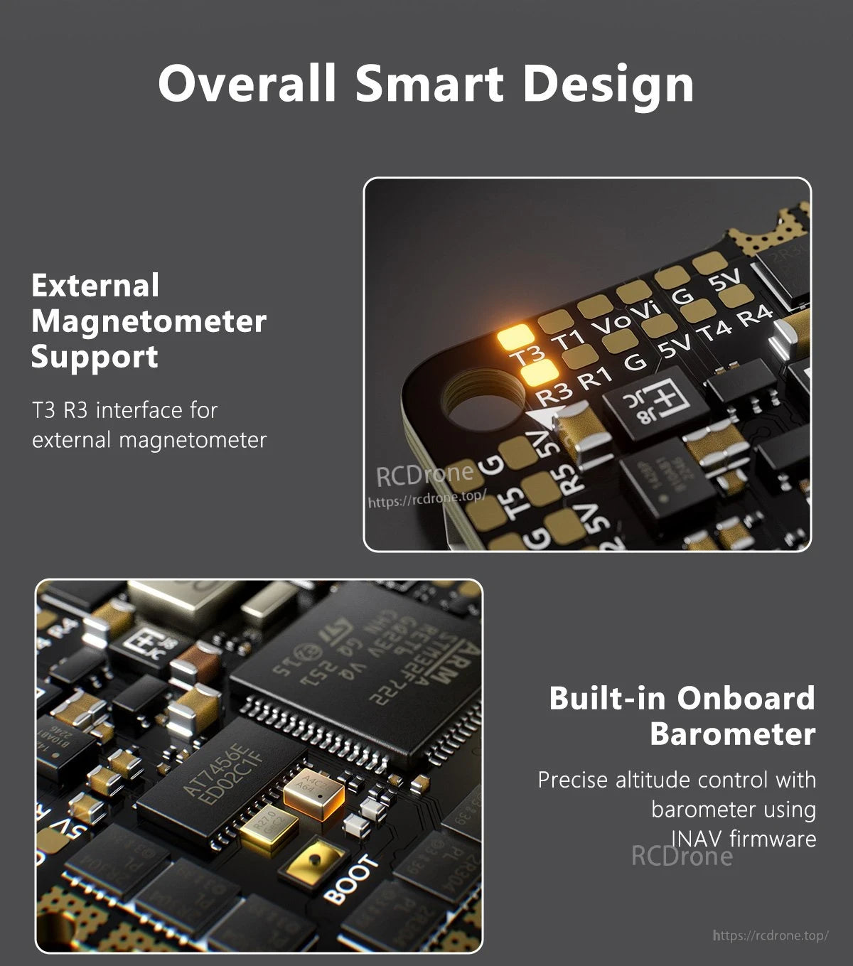 GEPRC TAKER F722 45A 32Bit AIO Flight Controller, Compact drone board features external magnetometer support, built-in barometer, labeled pins, STM32F722 chip, and optimized layout for reliable, precise flight control with INAV.