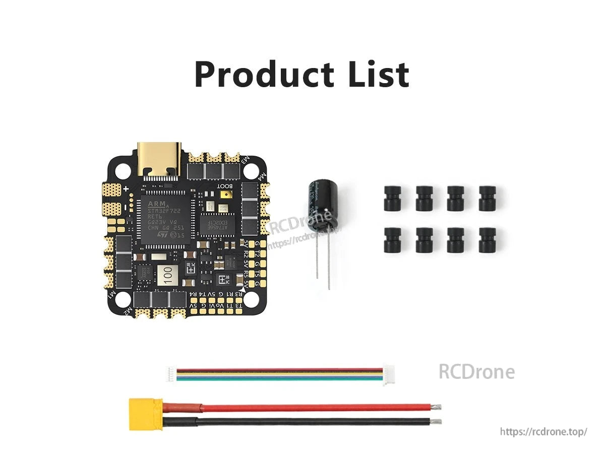 GEPRC TAKER F722 45A 32Bit AIO Flight Controller, GEPRC TAKER F722 45A 32-bit AIO flight controller includes capacitors, standoffs, ribbon cable, and power leads.