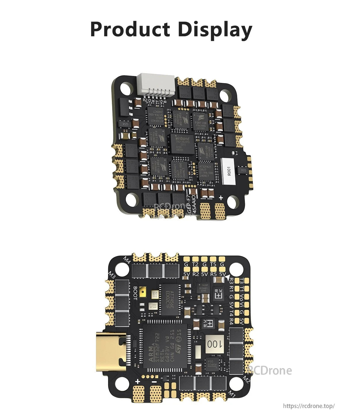 GEPRC TAKER F722 45A 32Bit AIO Flight Controller, GEPRC TAKER F722 AIO FC features STM32F722, multiple ports, labeled parts, compact design, and gold-plated connectors for drones.