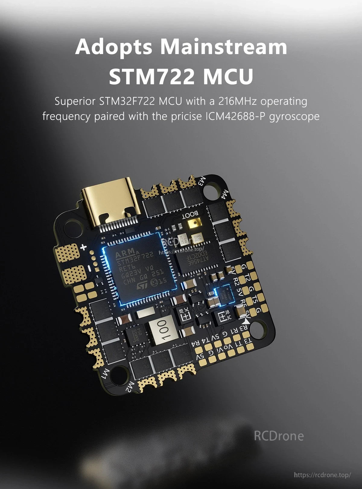 GEPRC TAKER F722 45A 32Bit AIO Flight Controller, Compact drone flight controller with STM32F722 MCU, ICM42688-P gyro, ARM processor, USB, and labeled connectors.