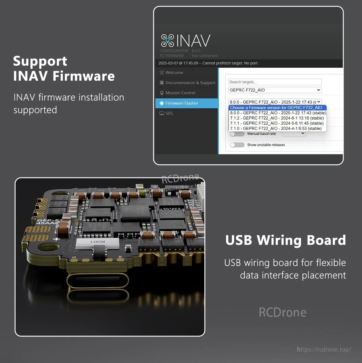GEPRC TAKER F722 45A 32Bit AIO Flight Controller, Supports INAV firmware via configurator, includes USB wiring board, and is compatible with GEPRC F722_AIO up to v8.0.0.