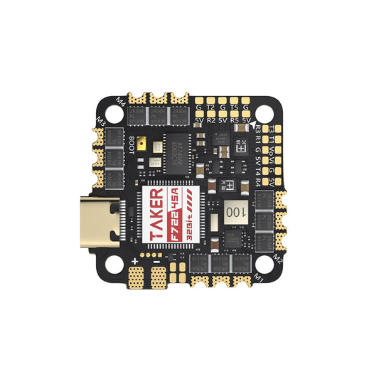 GEPRC TAKER F722 45A 32Bit AIO Flight Controller, GEPRC TAKER F722 45A AIO flight controller board with USB-C port, motor pads M1–M4, and labeled solder pads