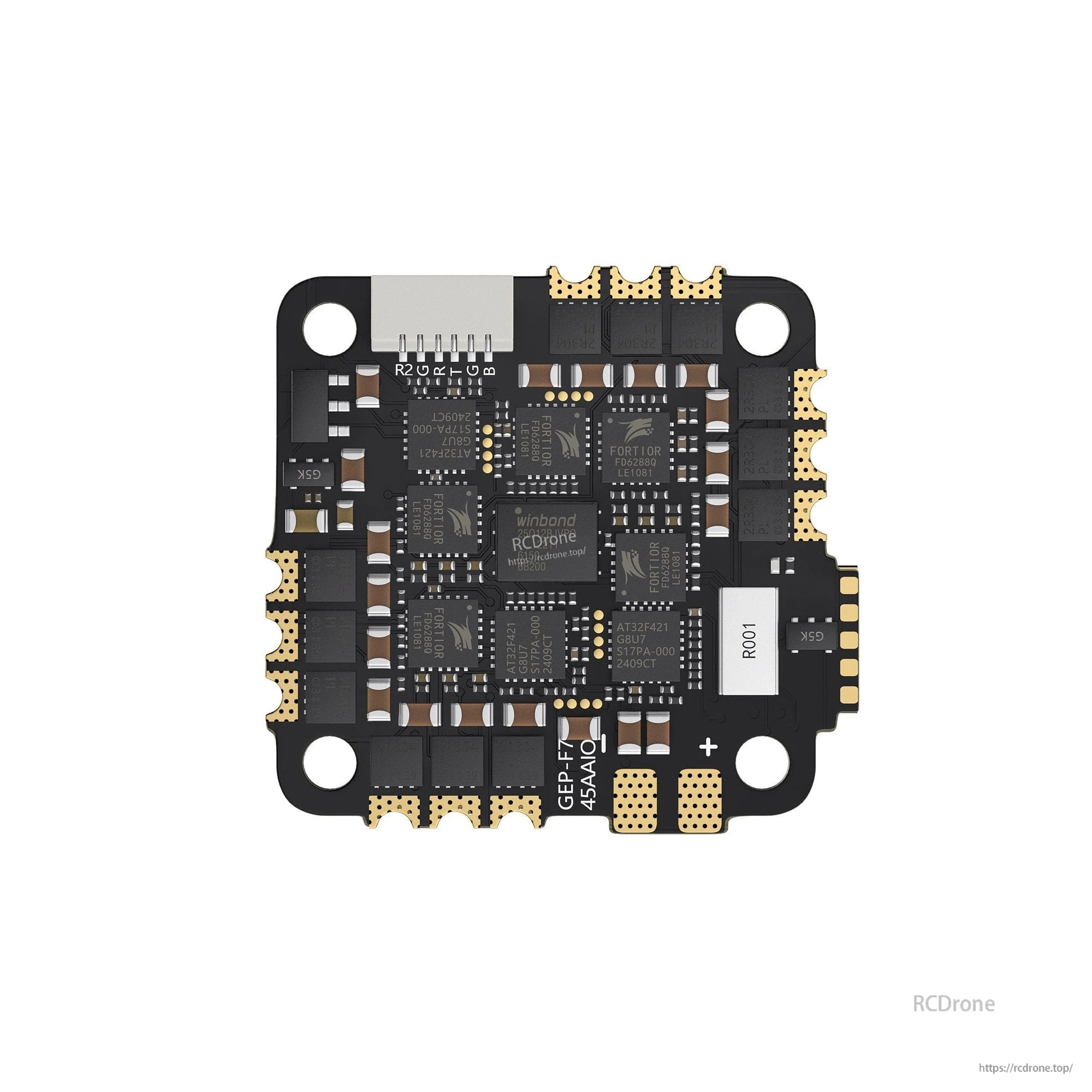 GEPRC TAKER F722 45A 32Bit AIO Flight Controller, Top view of GEPRC TAKER F722 45A AIO flight controller board with gold solder pads and four mounting holes