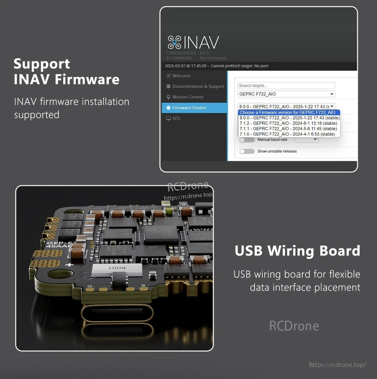GEPRC TAKER F722 45A 32Bit AIO Flight Controller, GEPRC TAKER F722 AIO flight controller with USB wiring board and INAV Configurator firmware flashing screen