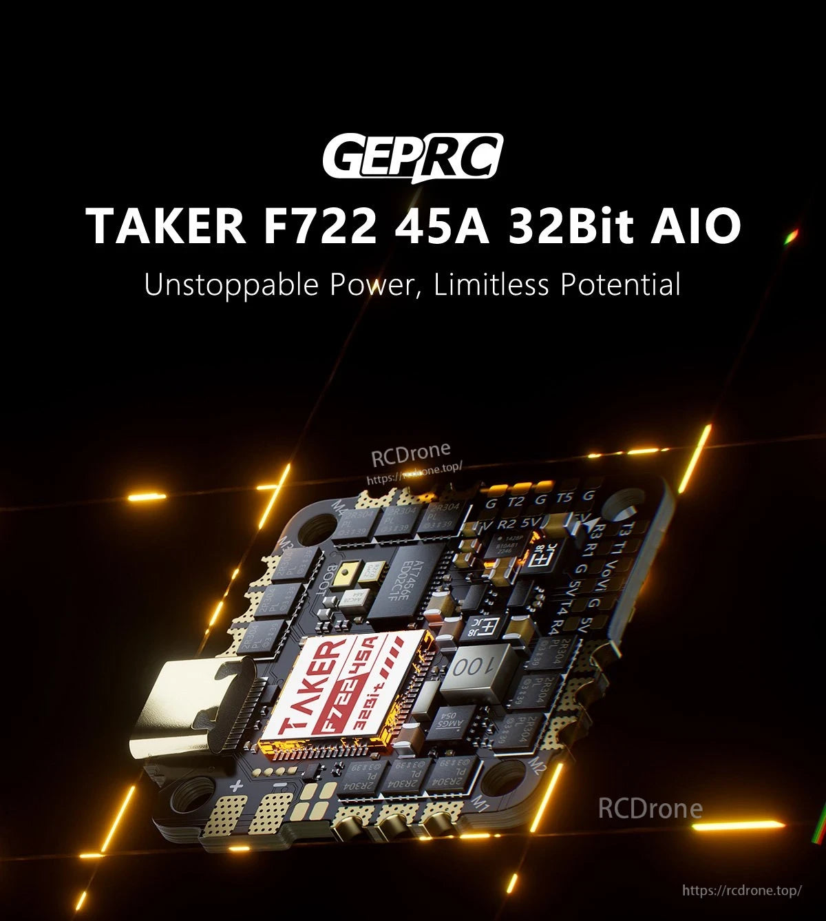 GEPRC TAKER F722 45A 32Bit AIO flight controller board with USB port, labeled solder pads, and mounting holes
