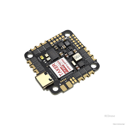 GEPRC TAKER F722 45A 32Bit AIO Flight Controller, GEPRC TAKER AIO flight controller board with USB-C port, labeled M1–M4 motor pads, and gold solder pads