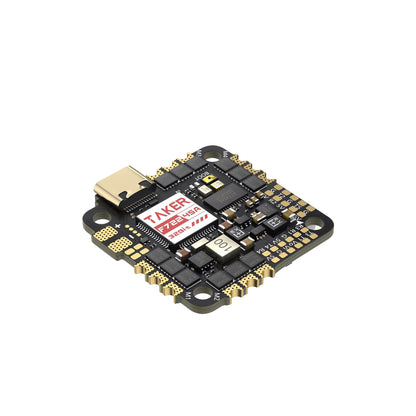 GEPRC TAKER F722 45A 32Bit AIO Flight Controller, GEPRC TAKER F722 45A AIO flight controller board with USB-C port, motor pads and labeled solder pads
