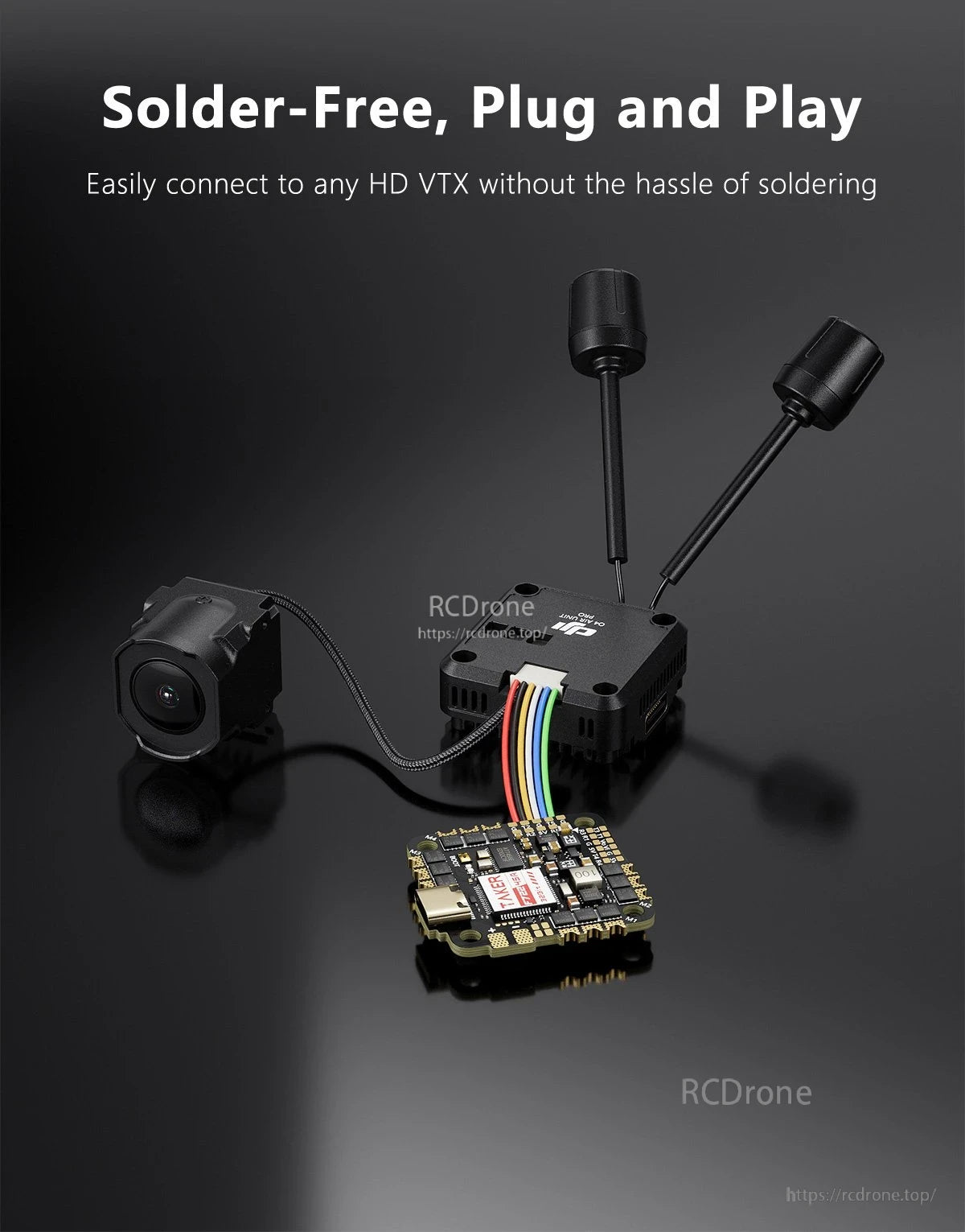 GEPRC TAKER F722 45A 32Bit AIO Flight Controller, GEPRC TAKER AIO flight controller with wiring harness connected to a DJI O3 Air Unit module, antennas and camera