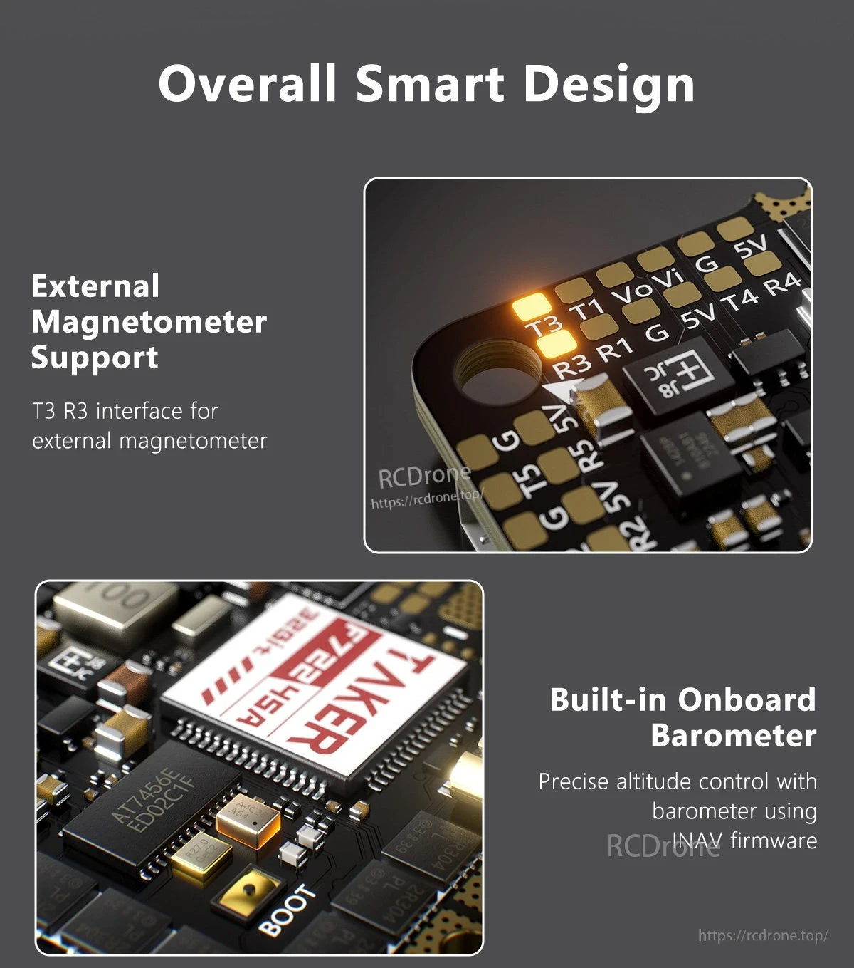 GEPRC TAKER F722 45A 32Bit AIO Flight Controller, GEPRC TAKER AIO flight controller board close-up showing T3/R3 external magnetometer pads and built-in barometer
