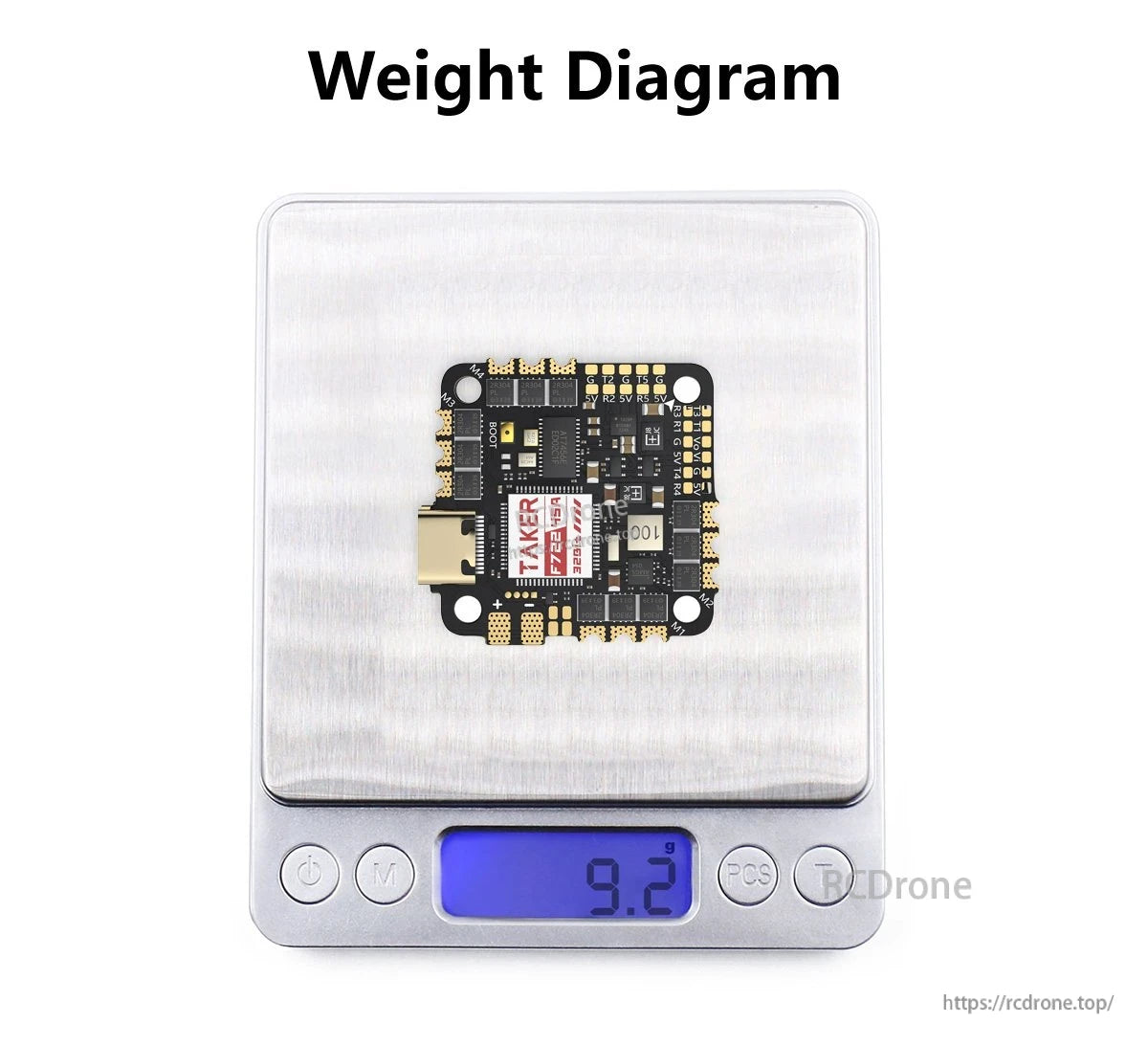 GEPRC TAKER F722 45A 32Bit AIO Flight Controller, GEPRC TAKER F722 45A 32-bit AIO flight controller on a digital scale showing 9.2 g weight