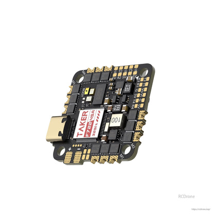 GEPRC TAKER F722 45A 32Bit AIO Flight Controller, GEPRC TAKER F722 45A AIO flight controller board with USB-C port, motor pads M1–M4, and labeled solder pads