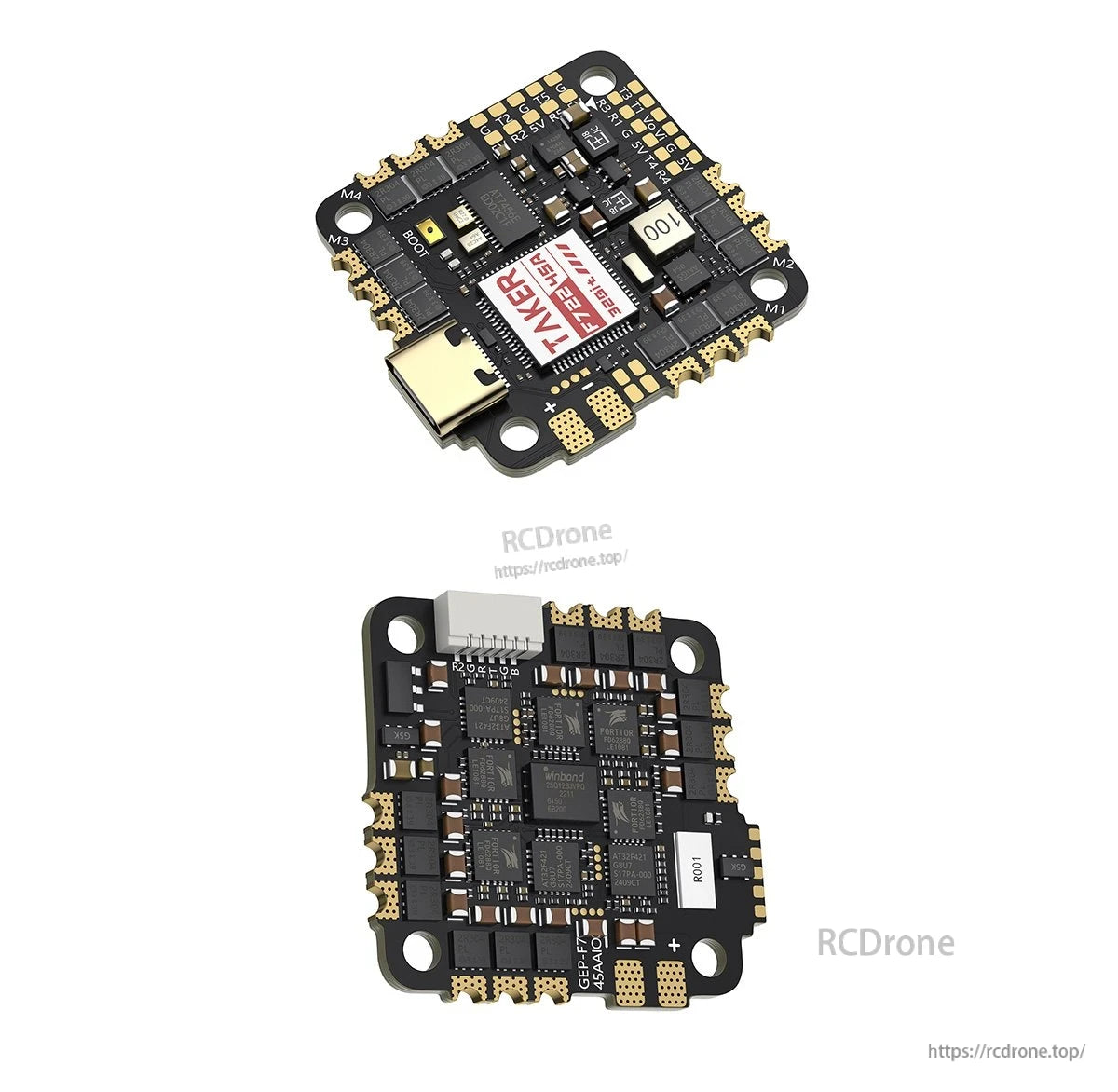 GEPRC TAKER F722 45A 32Bit AIO Flight Controller, GEPRC TAKER F722 45A AIO flight controller board, top and bottom views with USB-C port and solder pads