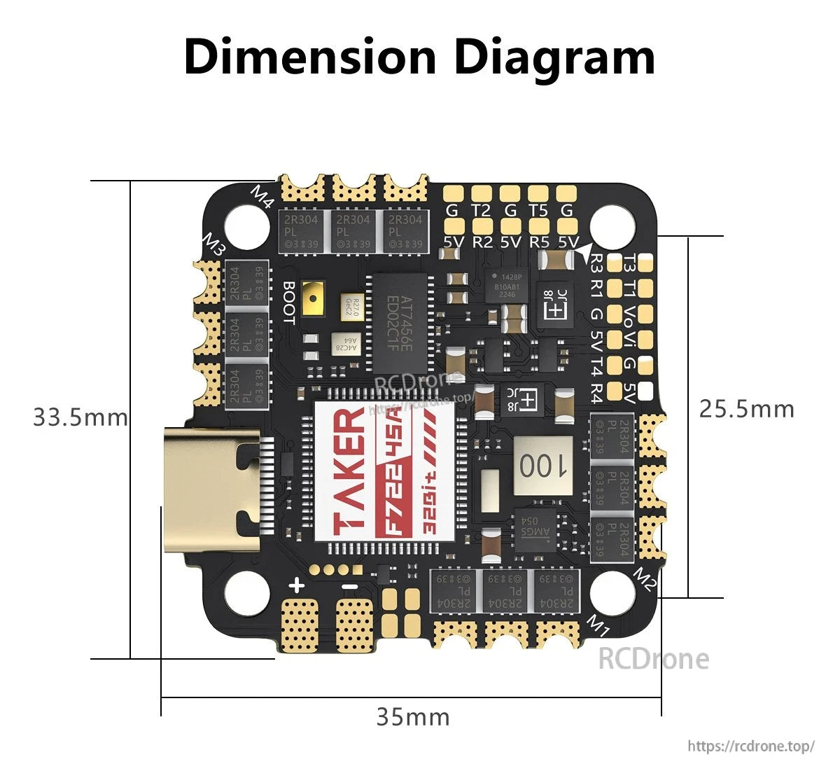 GEPRC TAKER F722 45A 32Bit AIO Flight Controller, GEPRC TAKER F722 45A AIO flight controller board with USB-C port and 35mm mounting size diagram