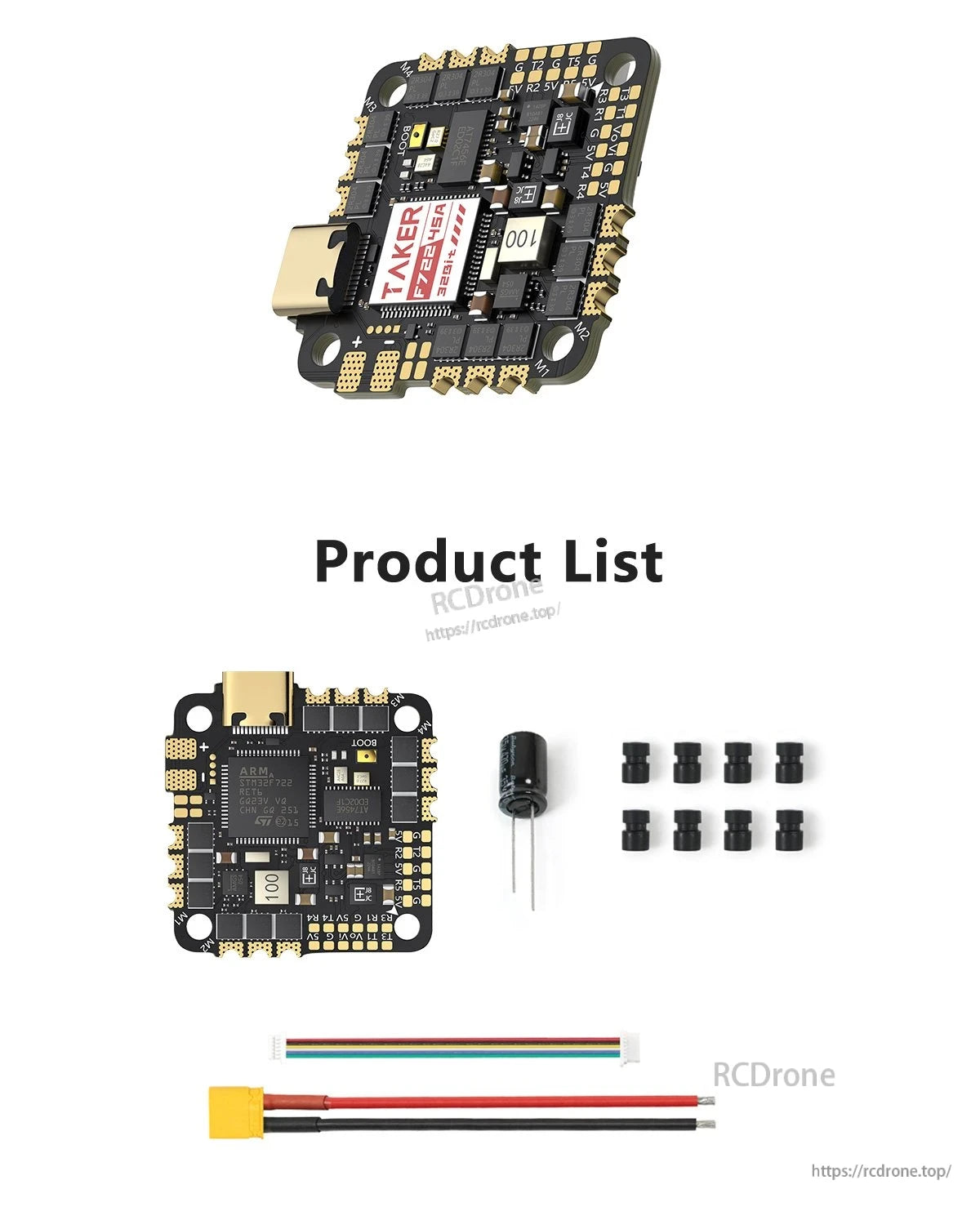 GEPRC TAKER F722 45A 32Bit AIO Flight Controller, GEPRC TAKER F722 45A AIO flight controller board with USB-C port, plus capacitor, gummies, ribbon cable, and XT60 lead