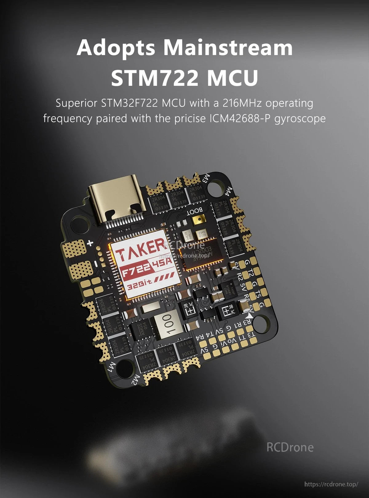 GEPRC TAKER F722 45A 32Bit AIO Flight Controller, GEPRC TAKER F722 45A 32-bit AIO flight controller board with USB-C port, STM32F722 MCU and ICM42688-P gyro