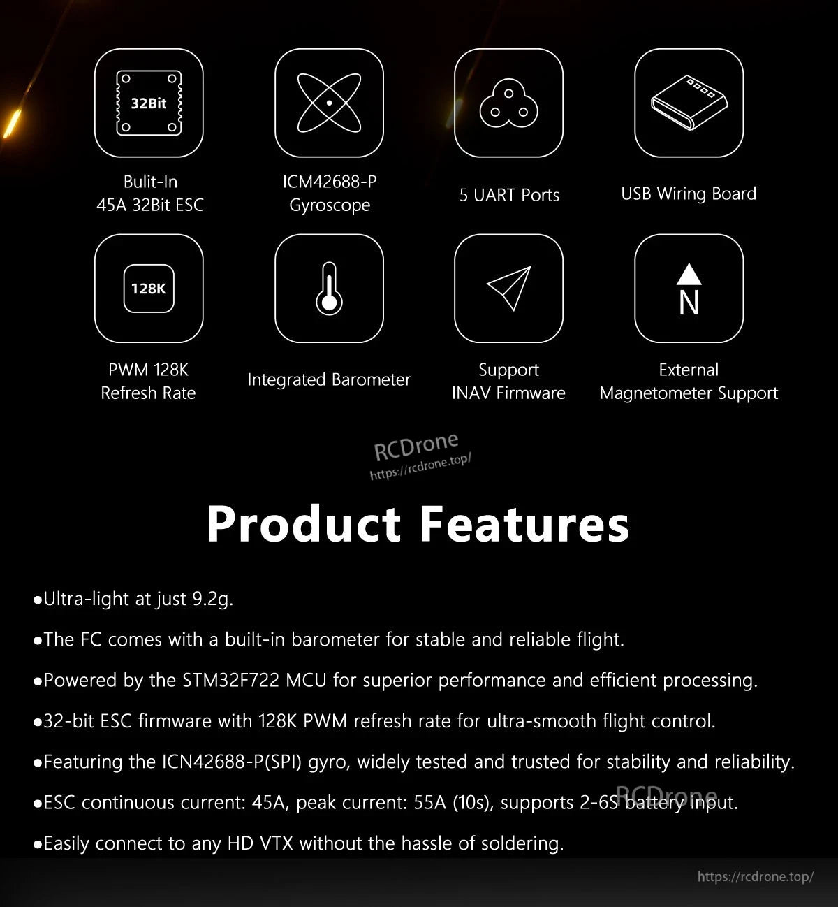 GEPRC TAKER F722 45A 32Bit AIO Flight Controller, GEPRC TAKER F722 45A 32-bit AIO flight controller feature graphic with 5 UART ports, barometer, and ICM42688-P gyro