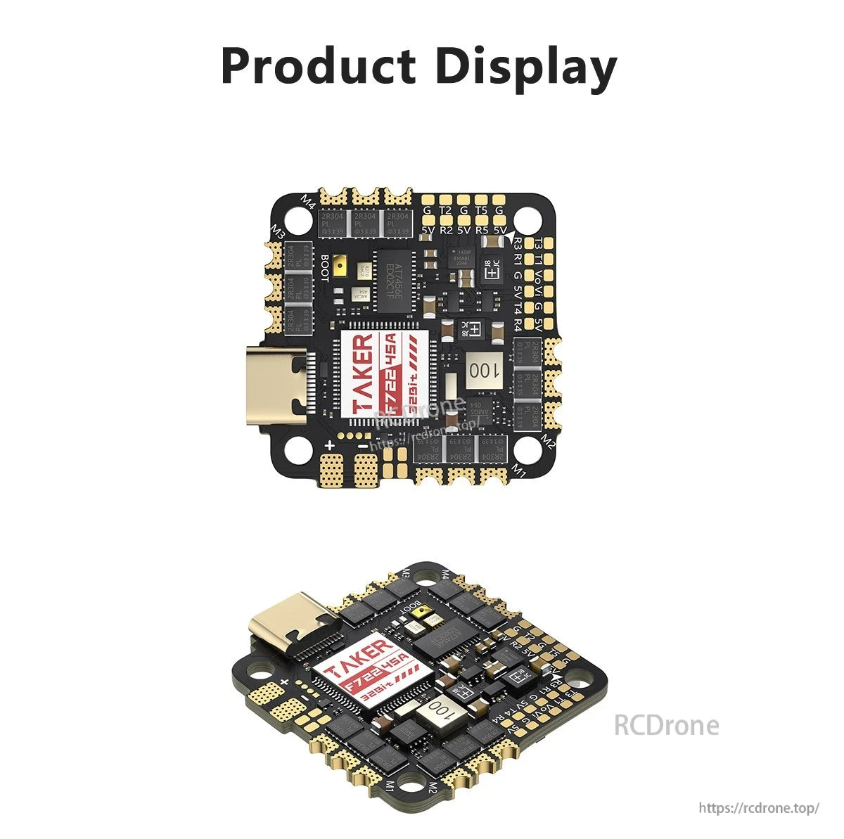 GEPRC TAKER F722 45A 32Bit AIO Flight Controller, GEPRC TAKER F722 45A AIO flight controller board with USB-C port, motor pads, and labeled 5V/G pads
