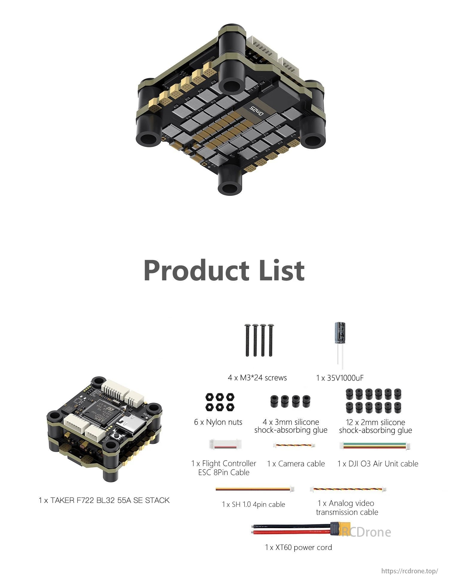 The GEPRC TAKER F722 BL32 E55A SE Flight Controller comes with various accessories.