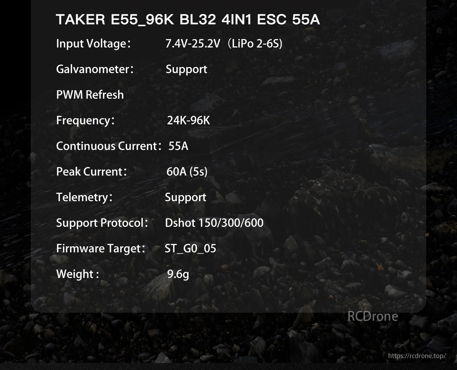 GEPRC Taker F722 BL32 E55A SE Flight Controller supports PWM frequency, high currents, and telemetry with Dshot protocol.
