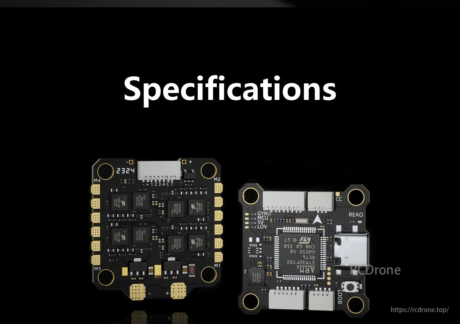 GEPRC TAKER F722 BL32 E55A SE Flight Controller, The GEPRC Taker F722 is a flight controller with specifications including a 2324M4M2CC gyro, MCU 1, and Sov 2T.