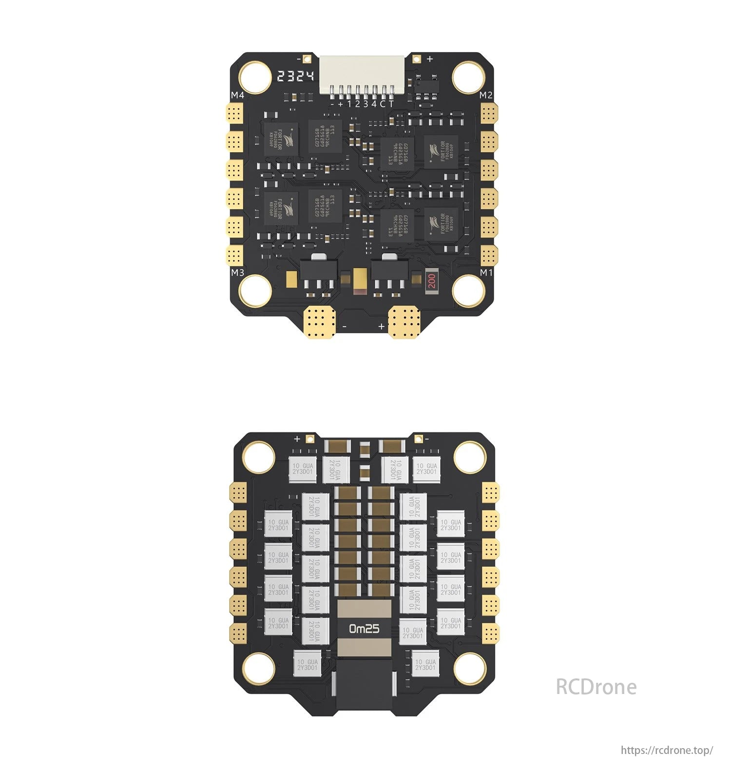 The GEPRC TAKER F722 BL32 E55A SE Flight Controller includes M1-M4 labels, 2324/0m25 markings, and electronic components for drone systems.