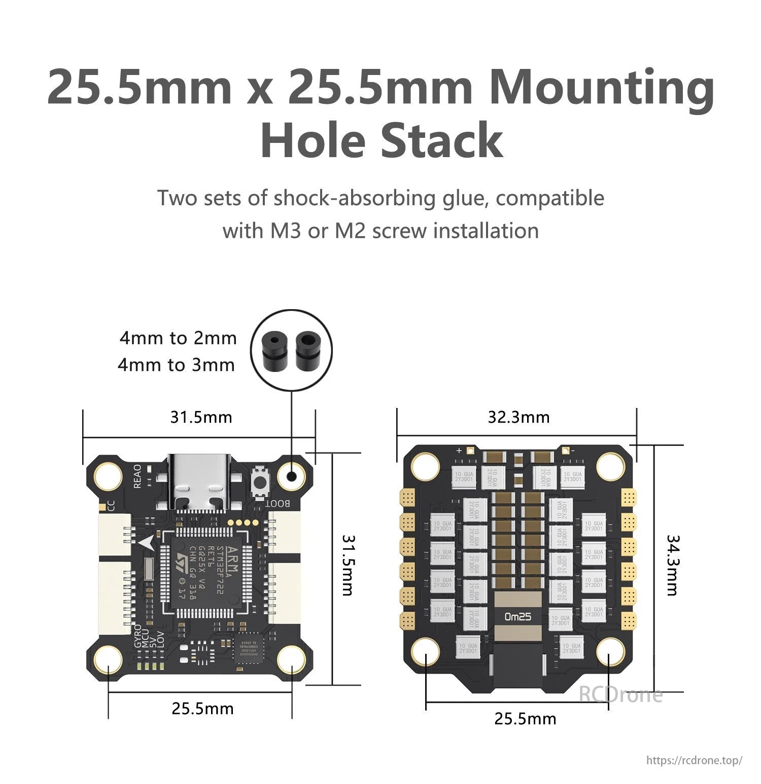 GEPRC TAKER F722 BL32 E55A SE Flight Controller, GEPRC TAKER F722 flight controller features 25.5mm mounting holes, shock-absorbing glue for M3/M2 screws, and dimensions of 31.5x31.5mm or 32.3x34.3mm.