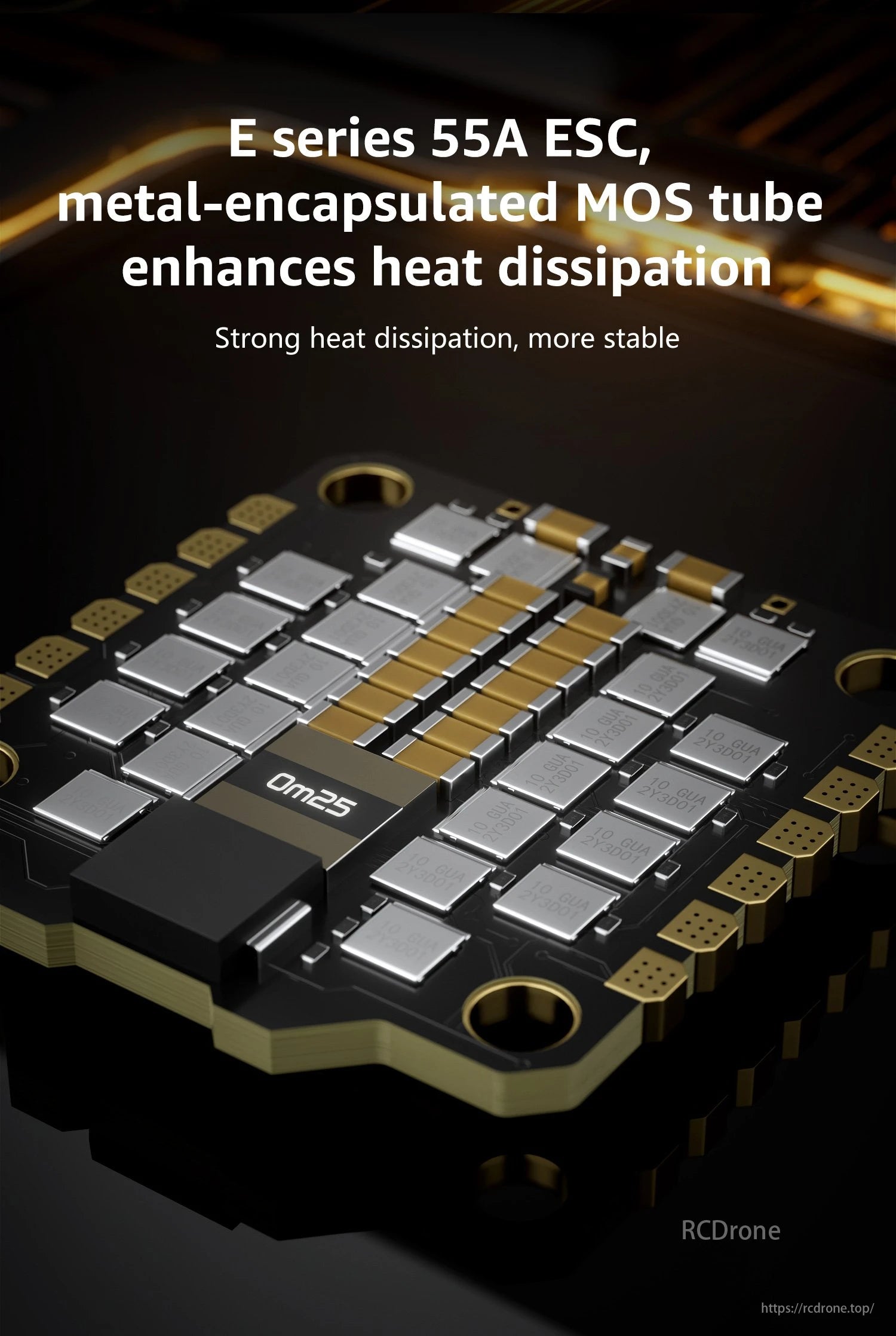 The GEPRC TAKER F722 BL32 E55A SE Flight Controller features a 55A ESC with metal-encapsulated MOS tubes for enhanced heat dissipation, ensuring stability and high performance with efficient thermal management.