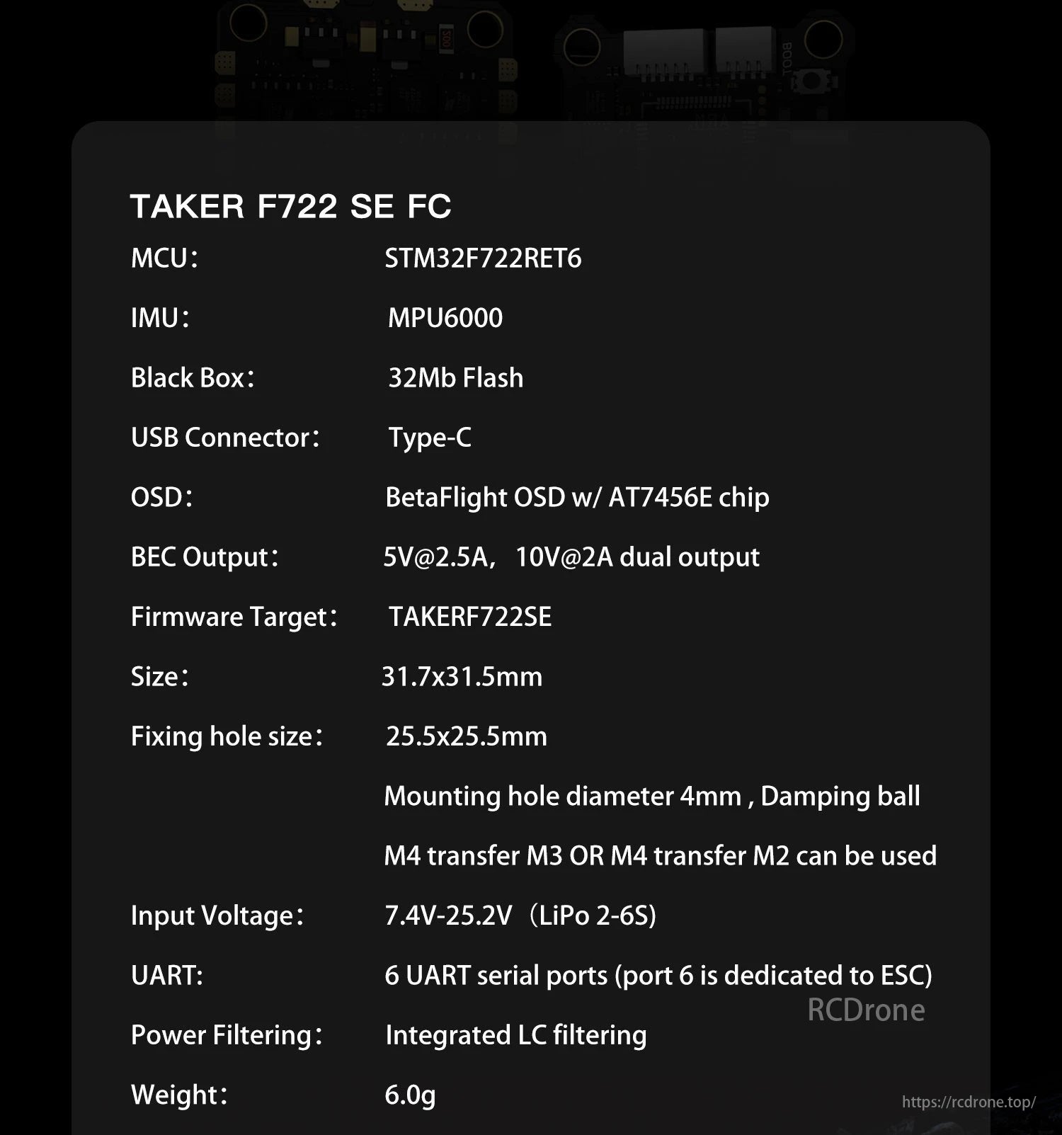 The GEPRC Taker F722 BL32 E55A SE Flight Controller features an STM32F722RET6 MCU, MPU6000 IMU, and 32Mb flash storage.