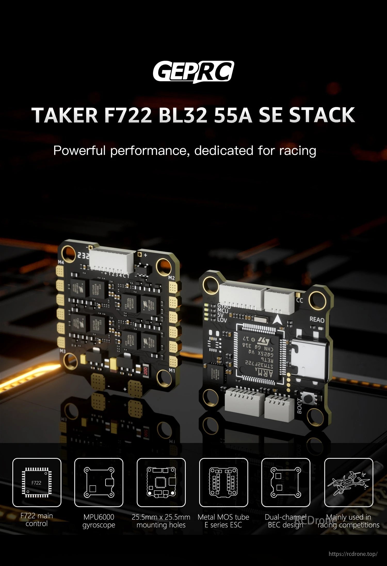 GEPRC TAKER F722 BL32 E55A SE Flight Controller, GEPRC TAKER F722 BL32 55A SE STACK, with F722 control, MPU6000 gyro, 25.5mm holes, metal MOS ESC, dual BEC, ideal for racing.