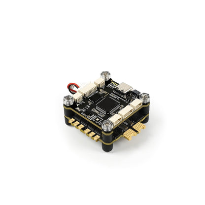 GEPRC TAKER F722 FPV flight controller and 4-in-1 ESC stack with USB-C port, plug connectors, and standoffs