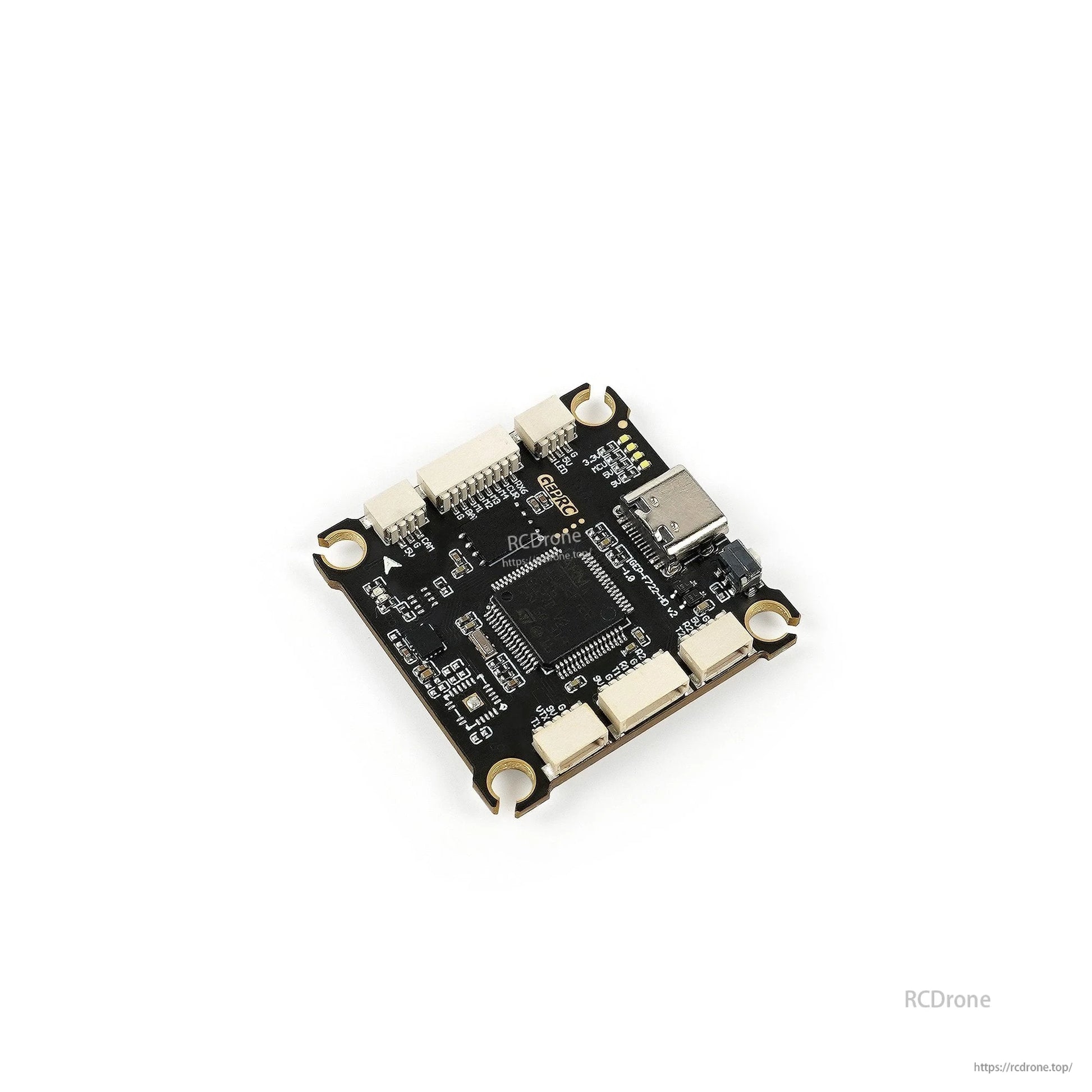GEPRC FPV drone flight controller board with USB-C port, multiple plug connectors, and four mounting holes