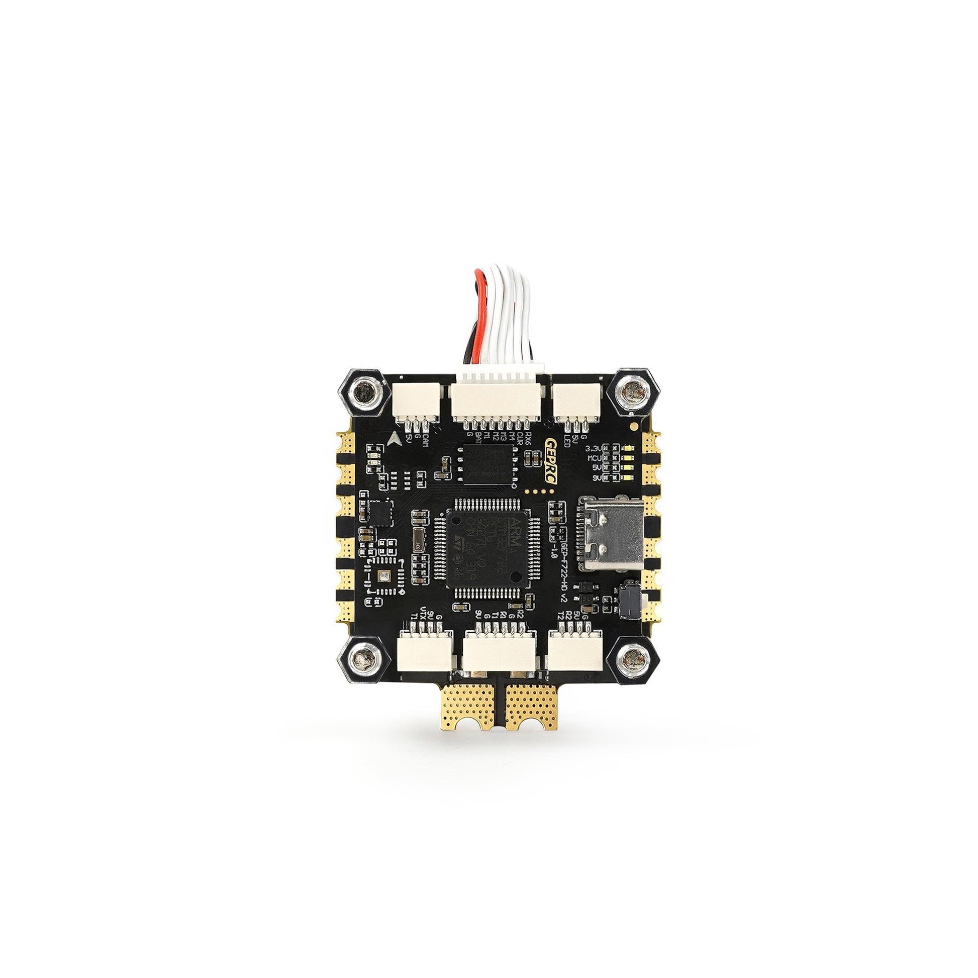 GEPRC TAKER F722 FPV flight controller board with USB-C port, JST connectors, and four mounting holes