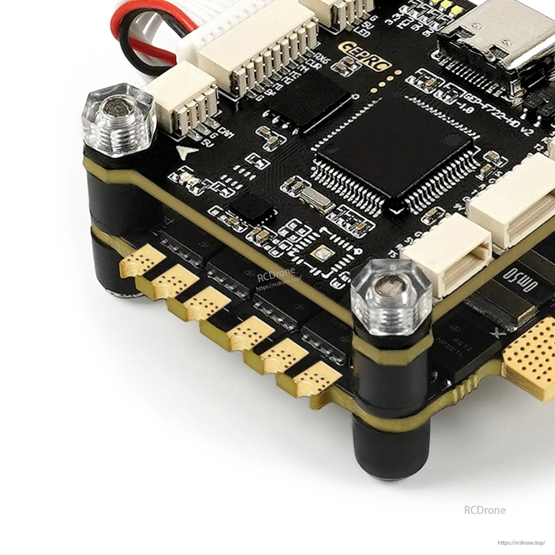GEPRC TAKER F722 FPV flight controller and 4-in-1 ESC stack with USB-C port, plugs, and soft mounts