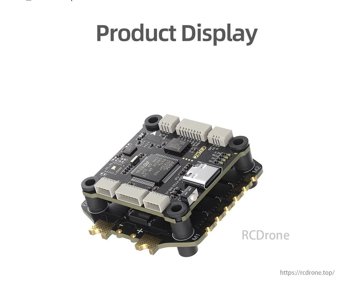 GEPRC TAKER F722 BLS 65A V2 Flight Controller, Product display dimensions are 8 inches by 3 volts, with a part number of P14-32-8 and a microcontroller subsystem voltage level of 7.