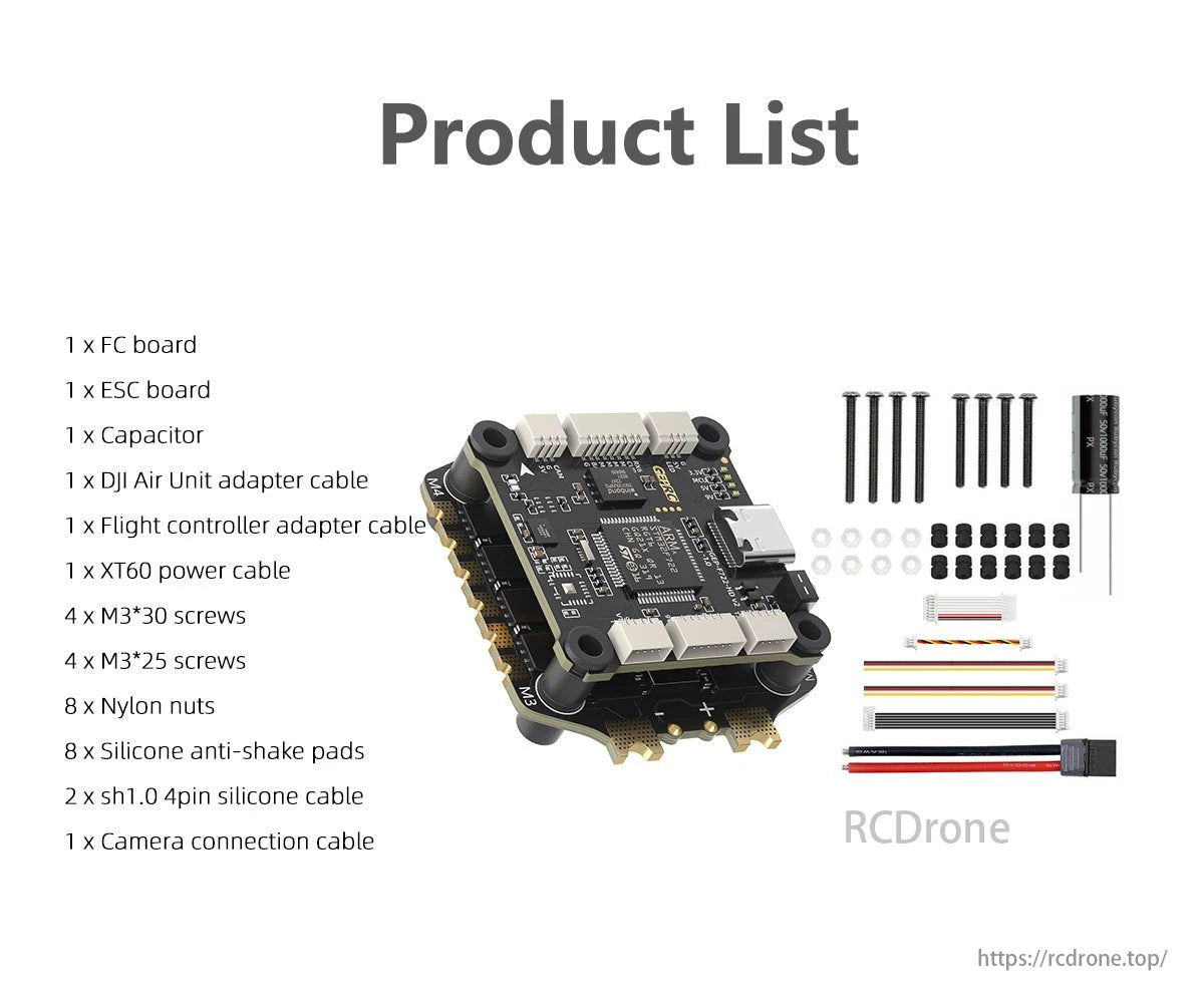 GEPRC TAKER F722 BLS 65A V2 Flight Controller, The product list includes FC board, ESC board, capacitor, adapter cables, XT60 power cable, screws, nylon nuts, silicone pads, and camera connection cable.