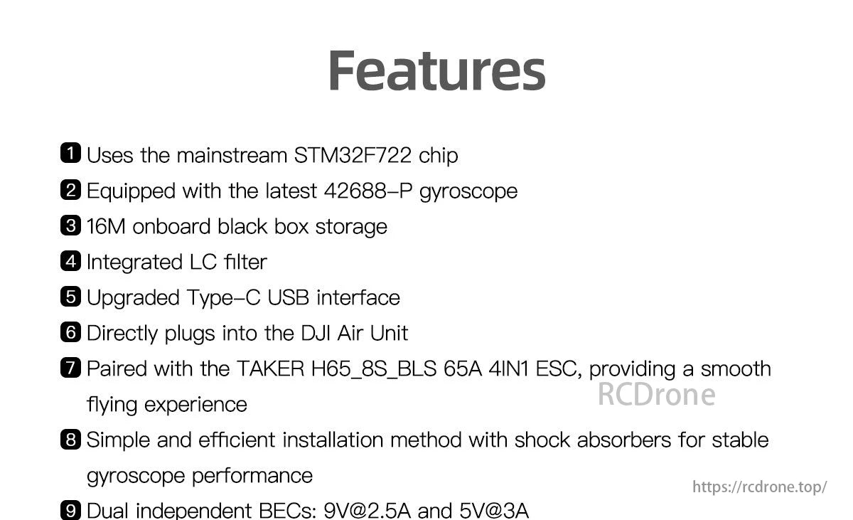 GEPRC TAKER F722 BLS 65A V2 Flight Controller, The GEPRC TAKER F722 BLS features an STM32F722 chip, 42688-P gyroscope, 16M onboard storage, and Type-C USB interface for DJI Air Unit compatibility.