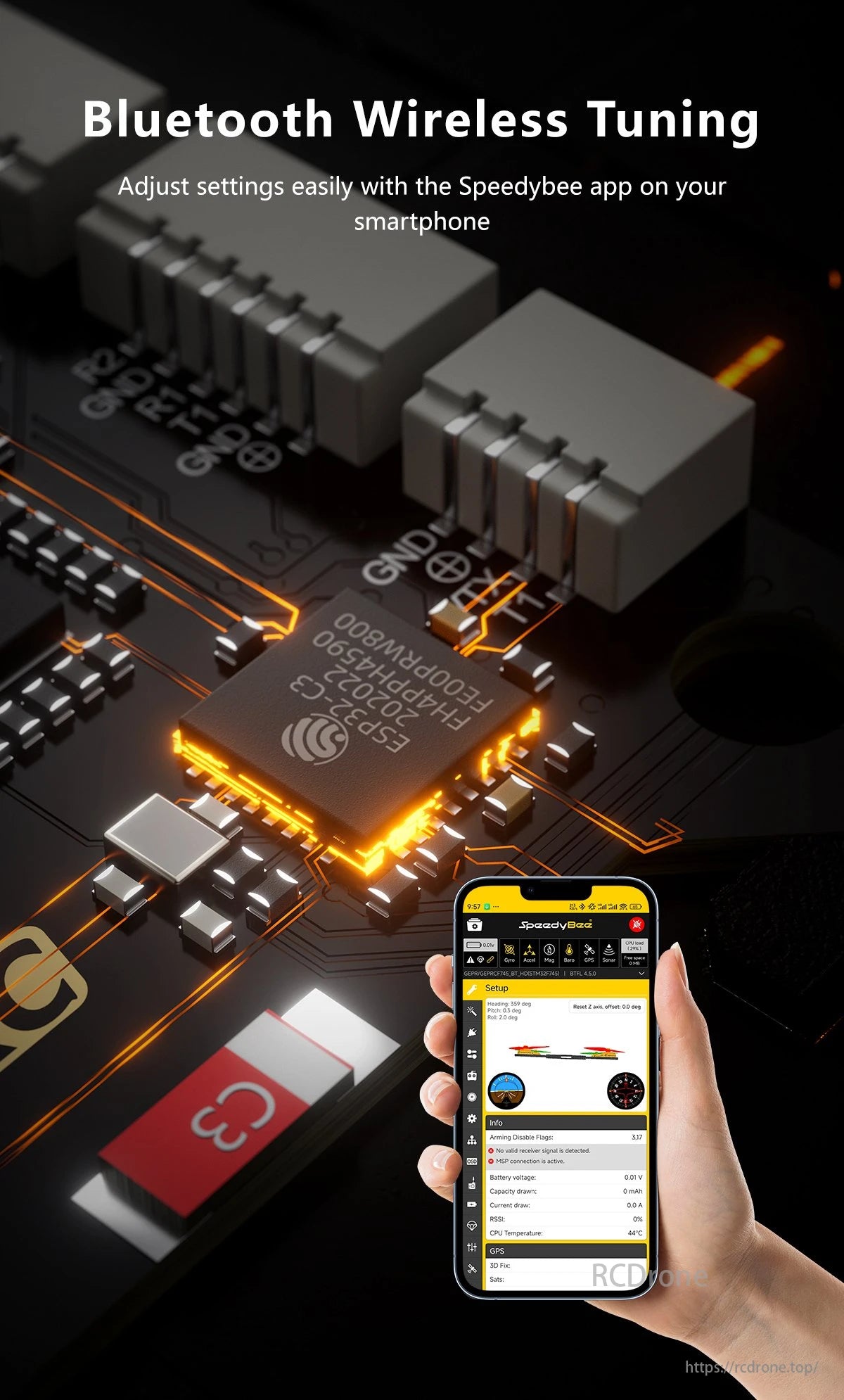 The GEPRC TAKER F745 BT 60A Flight Controller offers Bluetooth wireless tuning and adjustments via the Speedybee app for easy smartphone access.