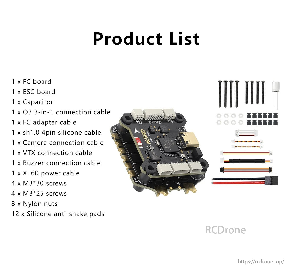 GEPRC TAKER F745 BT 60A Flight Controller, A flight controller kit including various components such as FC board, ESC board, cables, and adapters for building a drone.