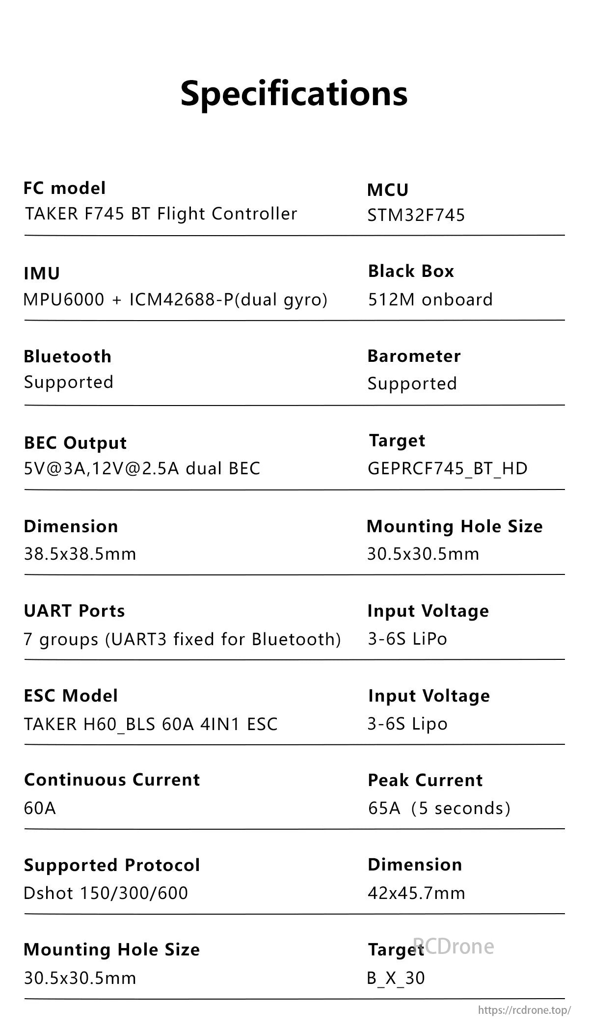 GEPRC TAKER F745 BT 60A Flight Controller, GEPRC Taker F745 BT Flight Controller features STM32F745 MCU, IMU, and Black Box with MPU6000 + ICM42688-P.