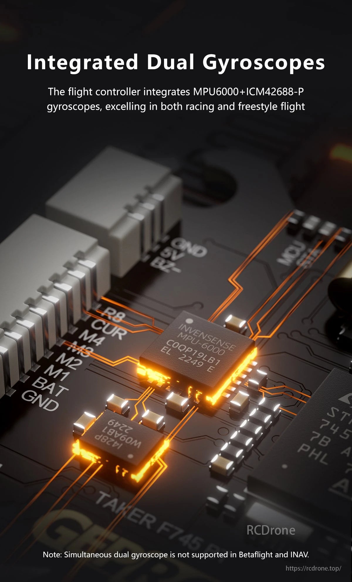 GEPRC TAKER F745 BT 60A Flight Controller, Flight controller features dual gyroscopes (MPU-6000 & ICM42688-P) for high-performance racing and freestyle flight.