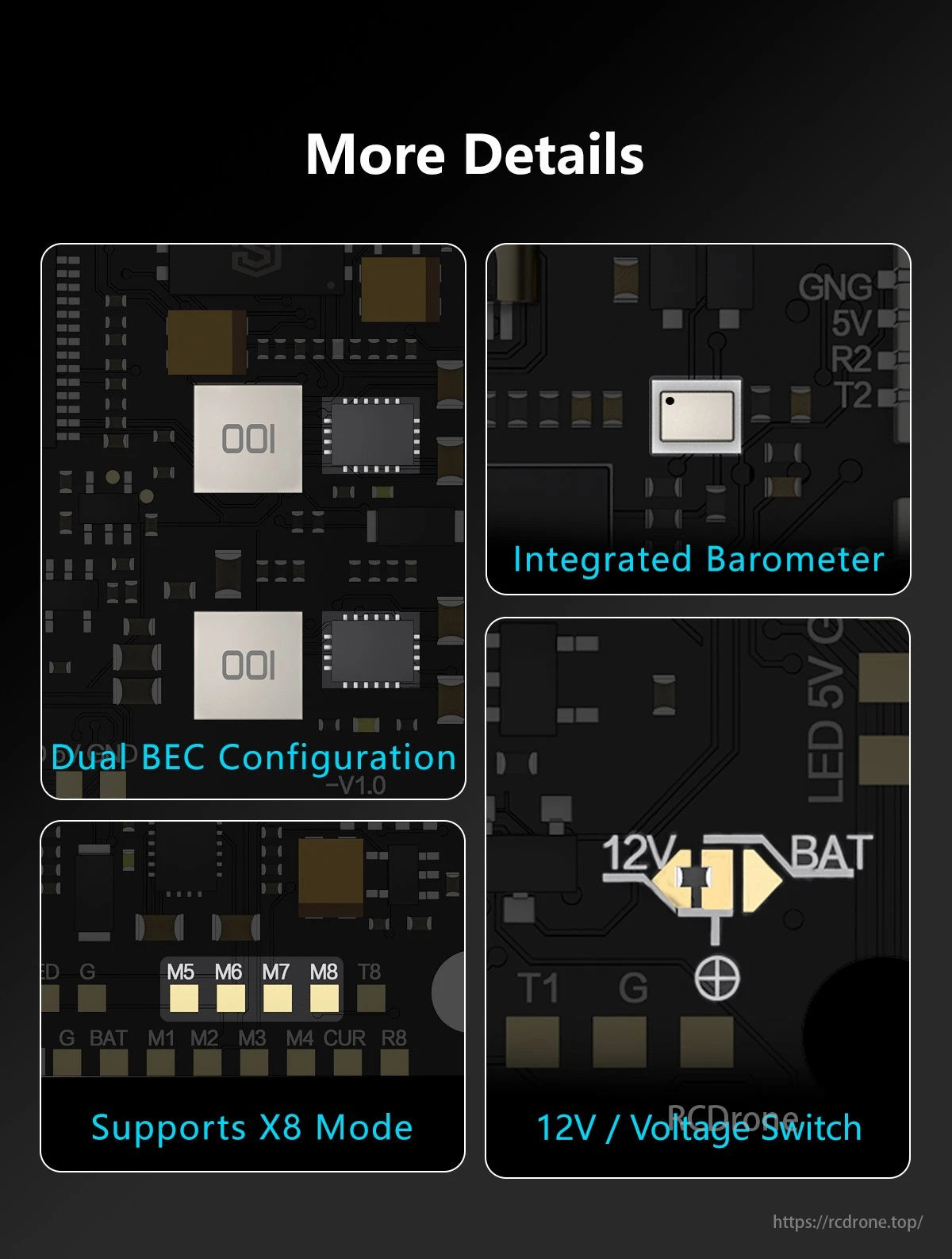GEPRC TAKER F745 BT 60A Flight Controller, Drones flight controller with integrated barometer, dual BEC configuration, supports X8 mode and 12V voltage switch.