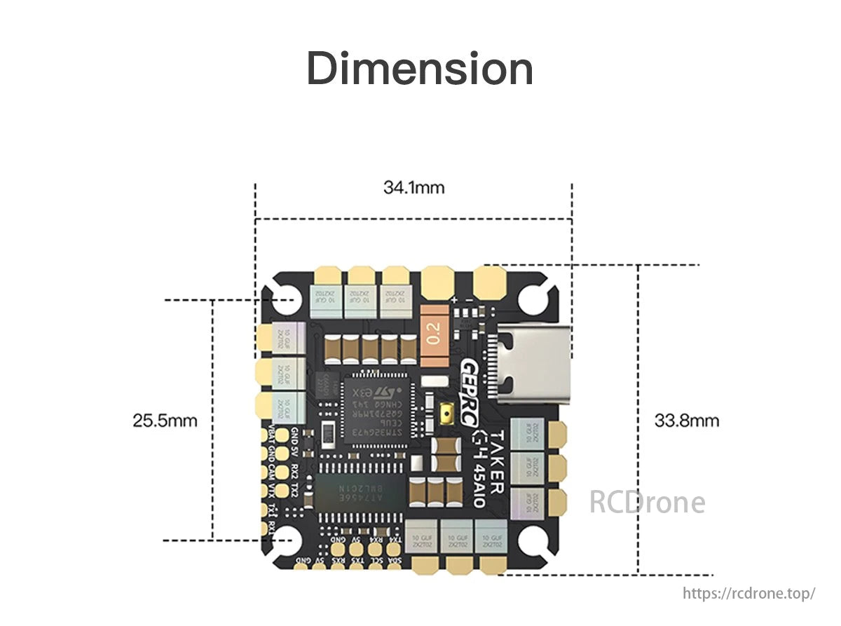 GEPRC TAKER G4 45A 8Bit AIO Flight Controller, GEPRC TAKER G4 is an 8-bit AIO flight controller with dimensions and features like XAES and battery compatibility.