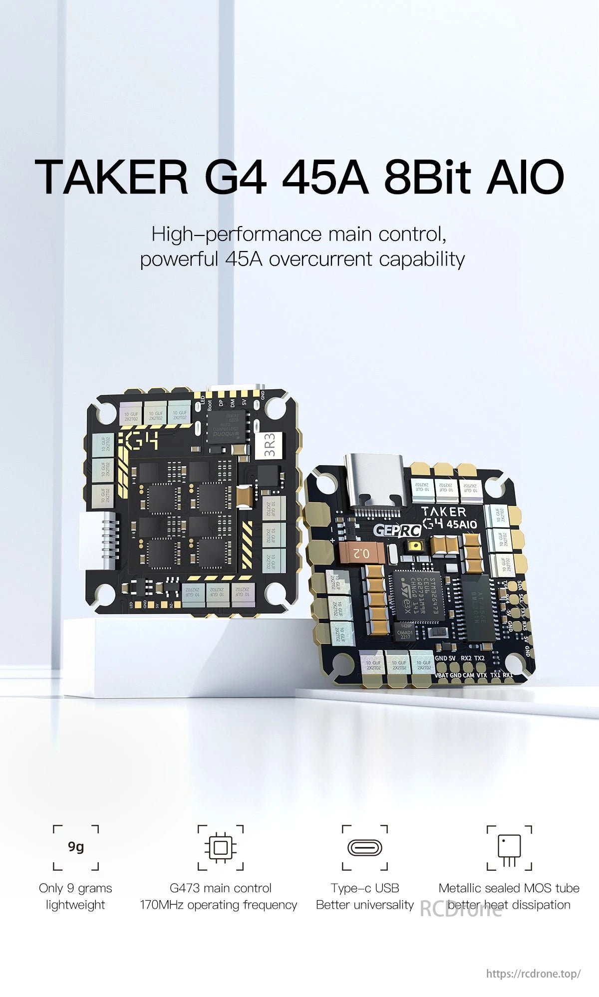 GEPRC TAKER G4 45A 8Bit AIO Flight Controller, High-performance flight controller with powerful overcurrent capability, compatible with 10G/20M, featuring UIO port and other specifications.