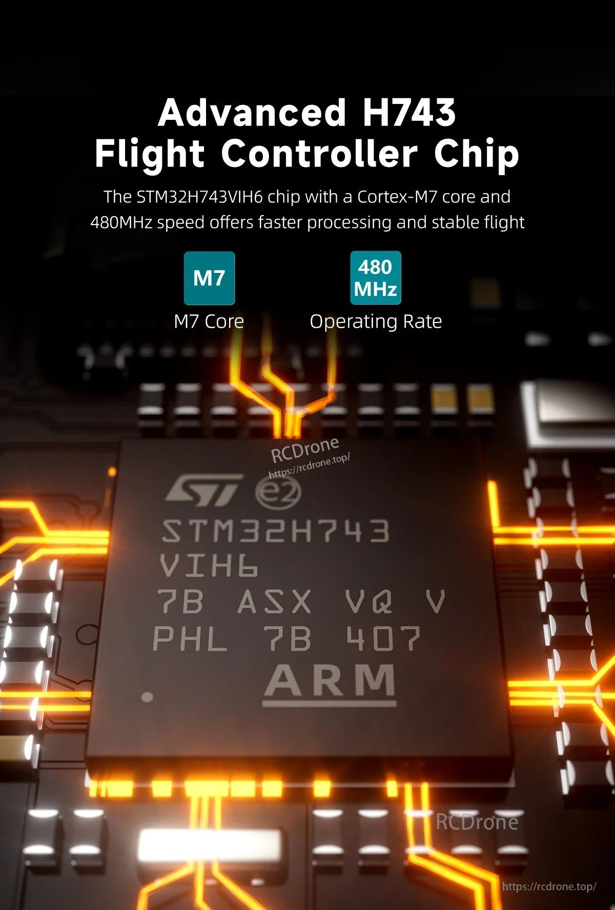 GEPRC TAKER H743 BT 32Bit 65A Stack, The H743 chip with a 480MHz Cortex-M7 core enables faster processing and stable drone flight.