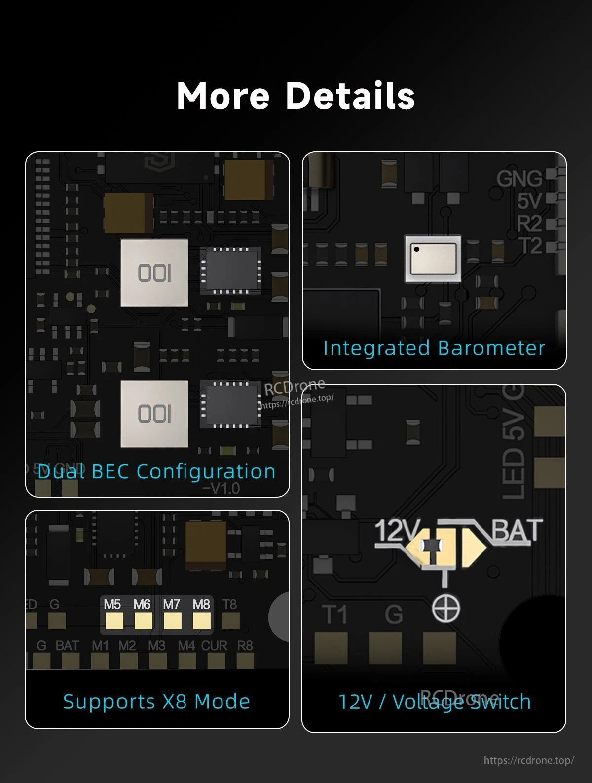 GEPRC TAKER H743 BT 32Bit 65A Stack, GEPRC TAKER H743 BT 65A FPV stack PCB close-ups showing dual BEC, integrated barometer, X8 mode and 12V switch.