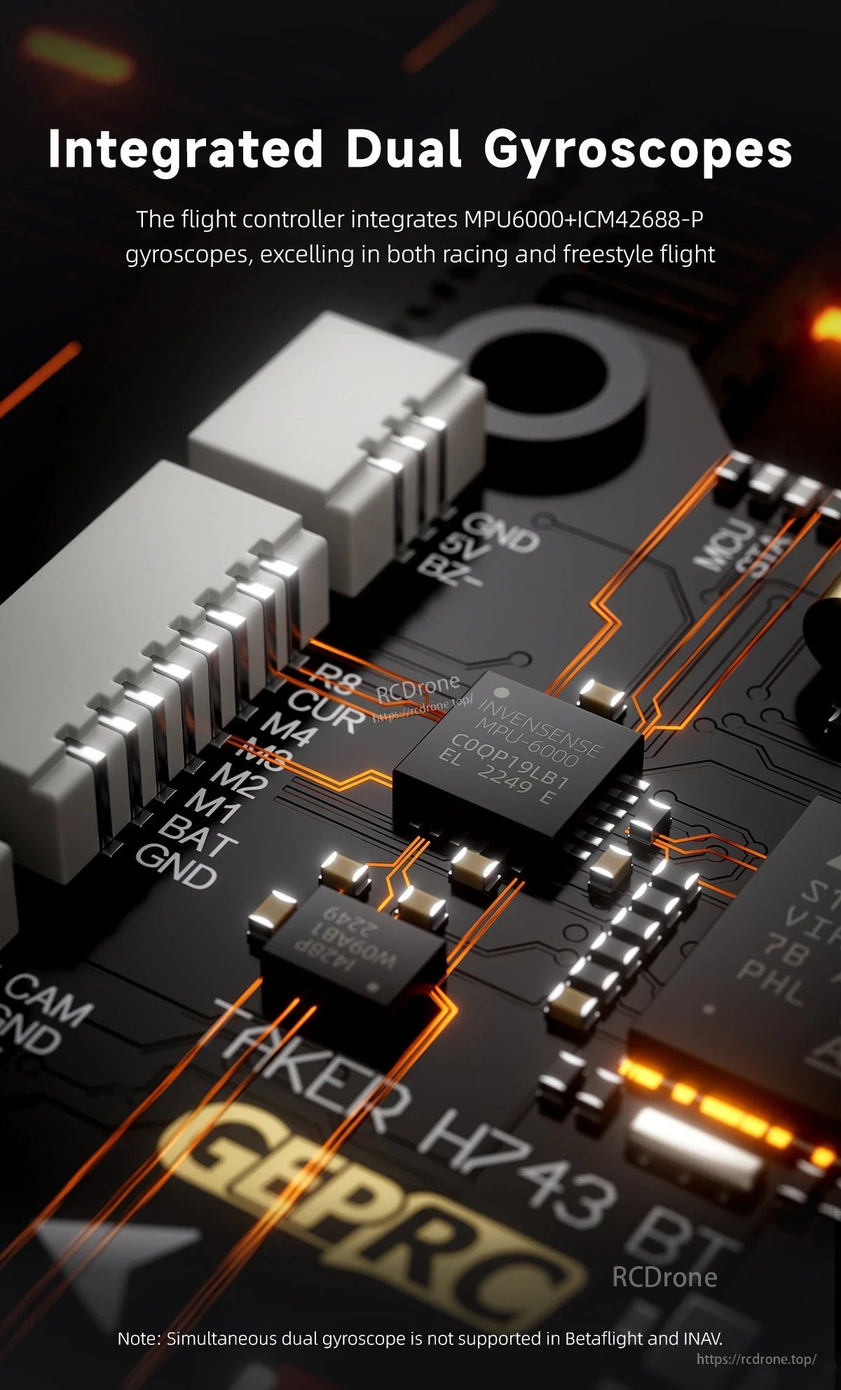 GEPRC TAKER H743 BT 32Bit 65A Stack, GEPRC TAKER H743 BT features MPU6000 and ICM42688-P gyros, illuminated traces, labeled components; dual gyro unsupported in Betaflight/INAV.