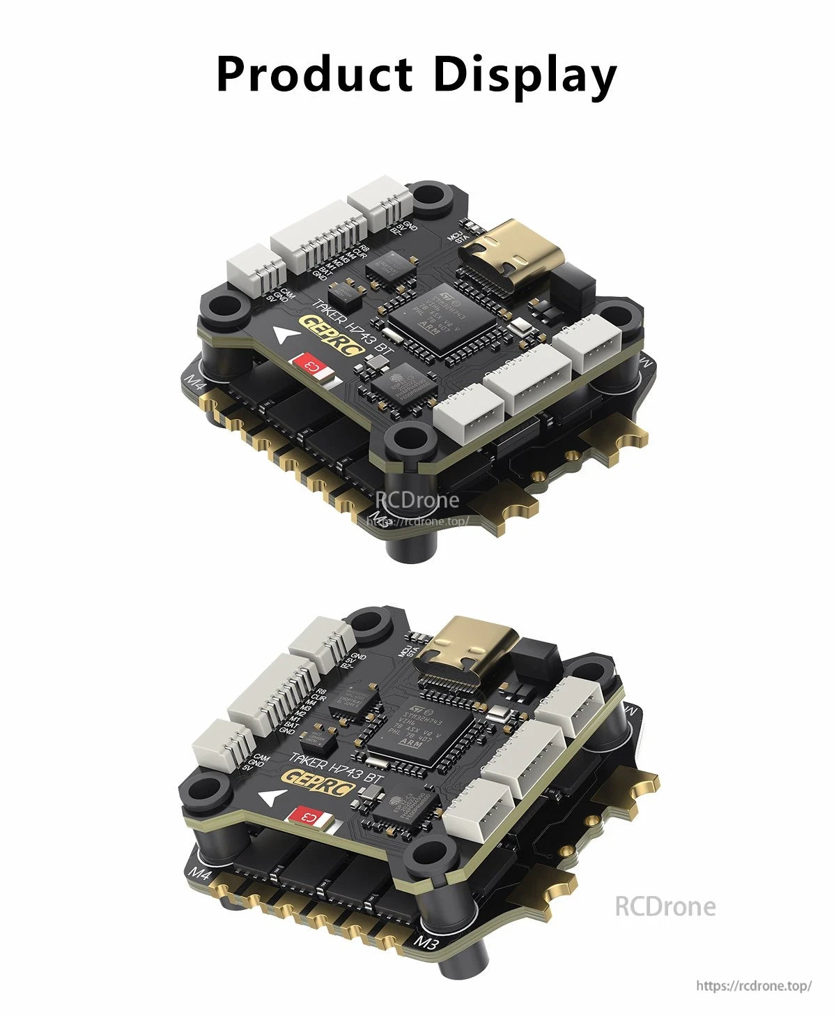 GEPRC TAKER H743 BT 32Bit 65A Stack, GEPRC TAKER H743 BT 32-bit 65A stack features labeled components, gold ports, and multiple connectors for drone flight control.