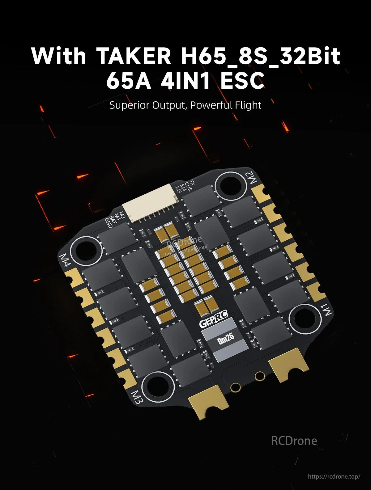 GEPRC TAKER H743 BT 32Bit 65A Stack, TAKER H65 8S 32-bit 65A 4-in-1 ESC delivers superior output and powerful flight performance.