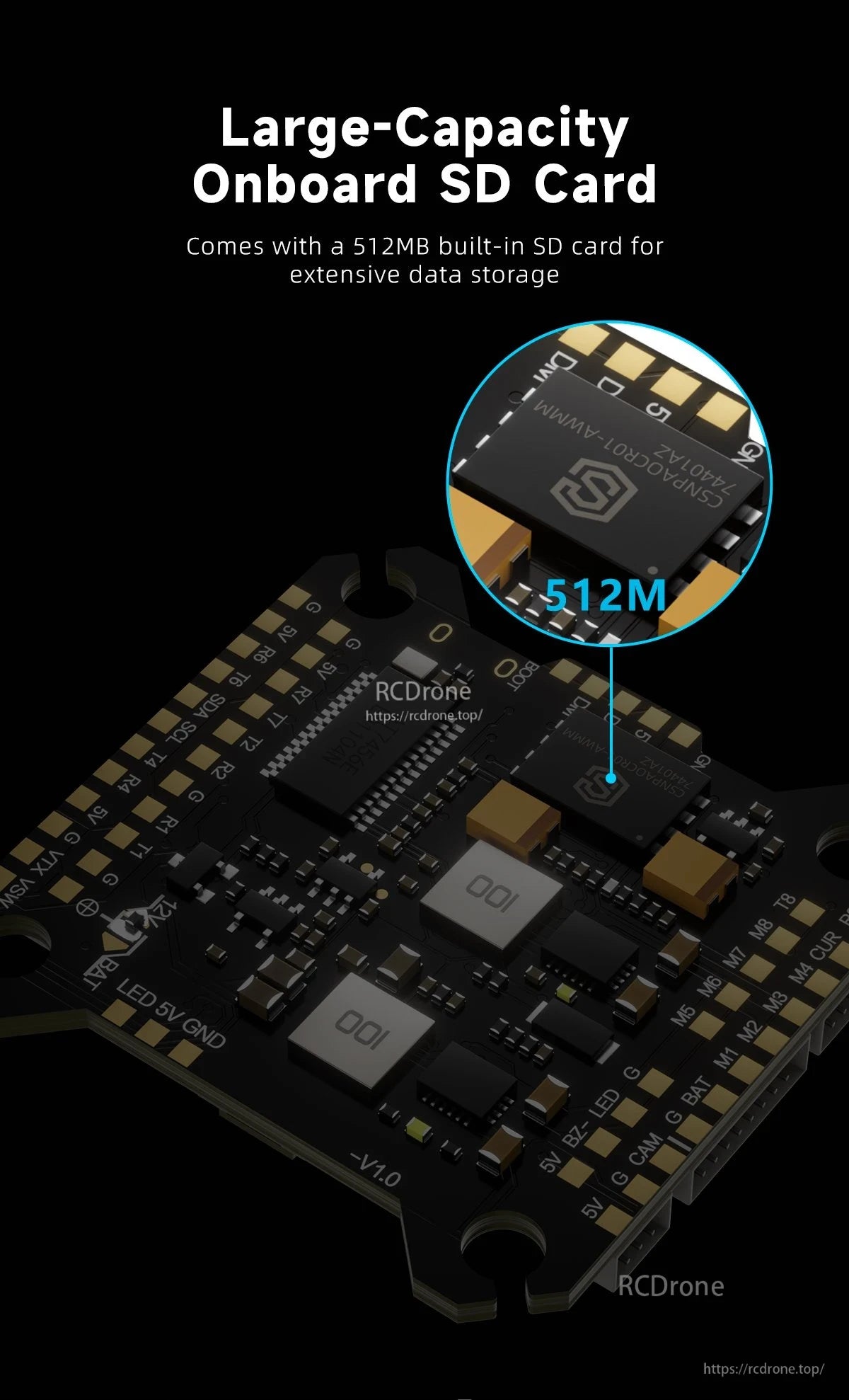 GEPRC TAKER H743 BT 32Bit 65A Stack, Features a 512MB onboard SD card for extensive data storage, with a marked chip ensuring reliable memory integration.