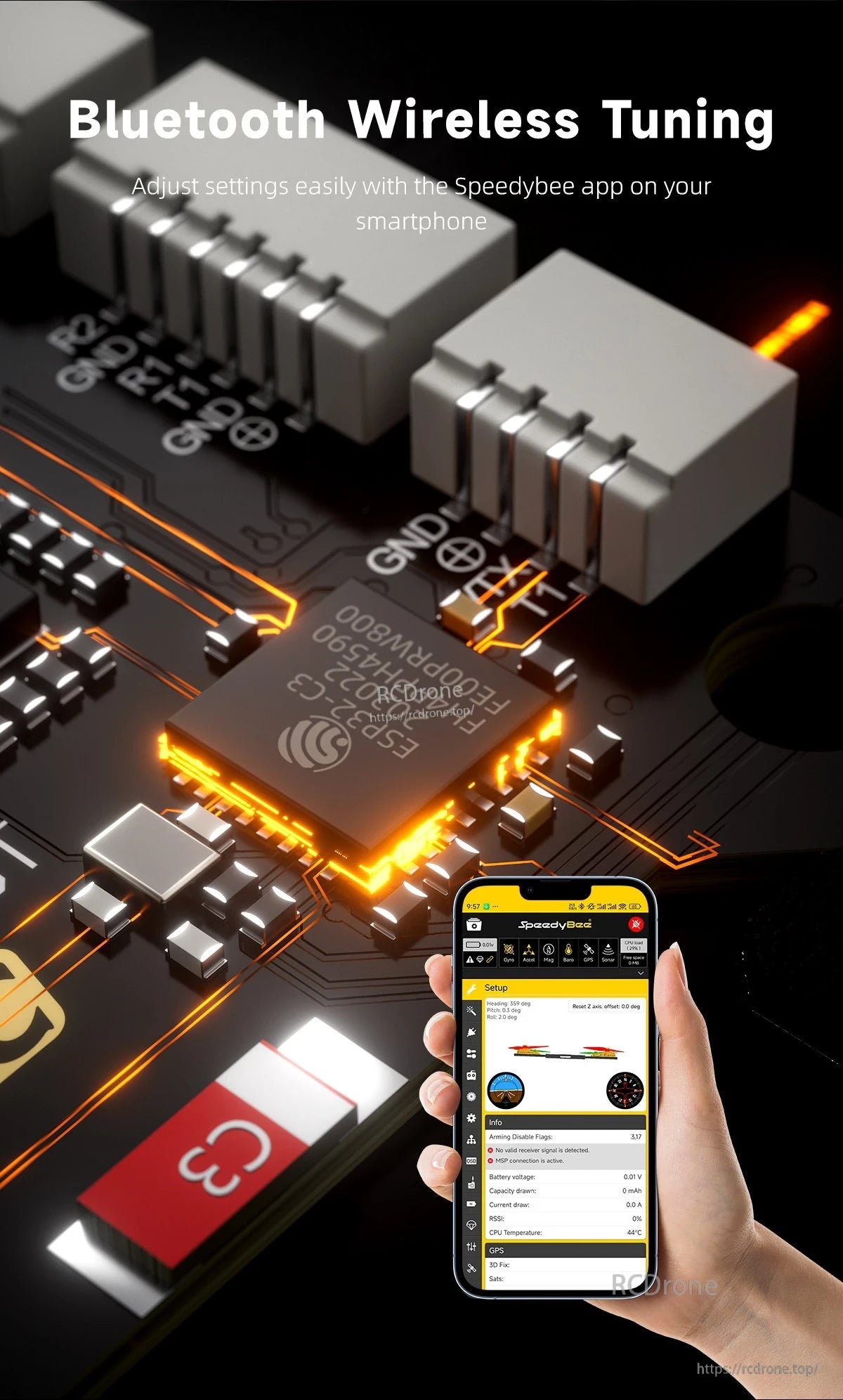 GEPRC TAKER H743 BT 32Bit 65A Stack, Bluetooth tuning via Speedybee app uses ESP32-C3 chip, illuminated circuits, and real-time telemetry for drone setup and monitoring.